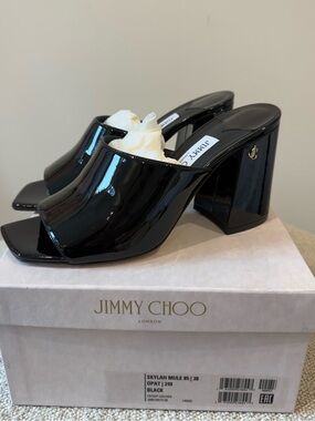 Jimmy Choo Skylah Black Patent Leather Open-Toe Block Heel Mules